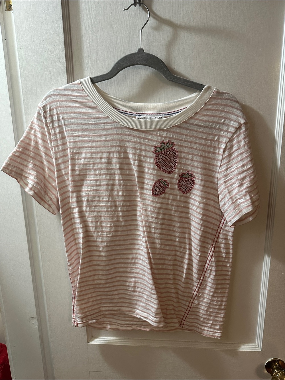 Striped Pink & White Tee with Strawberry Appliqués